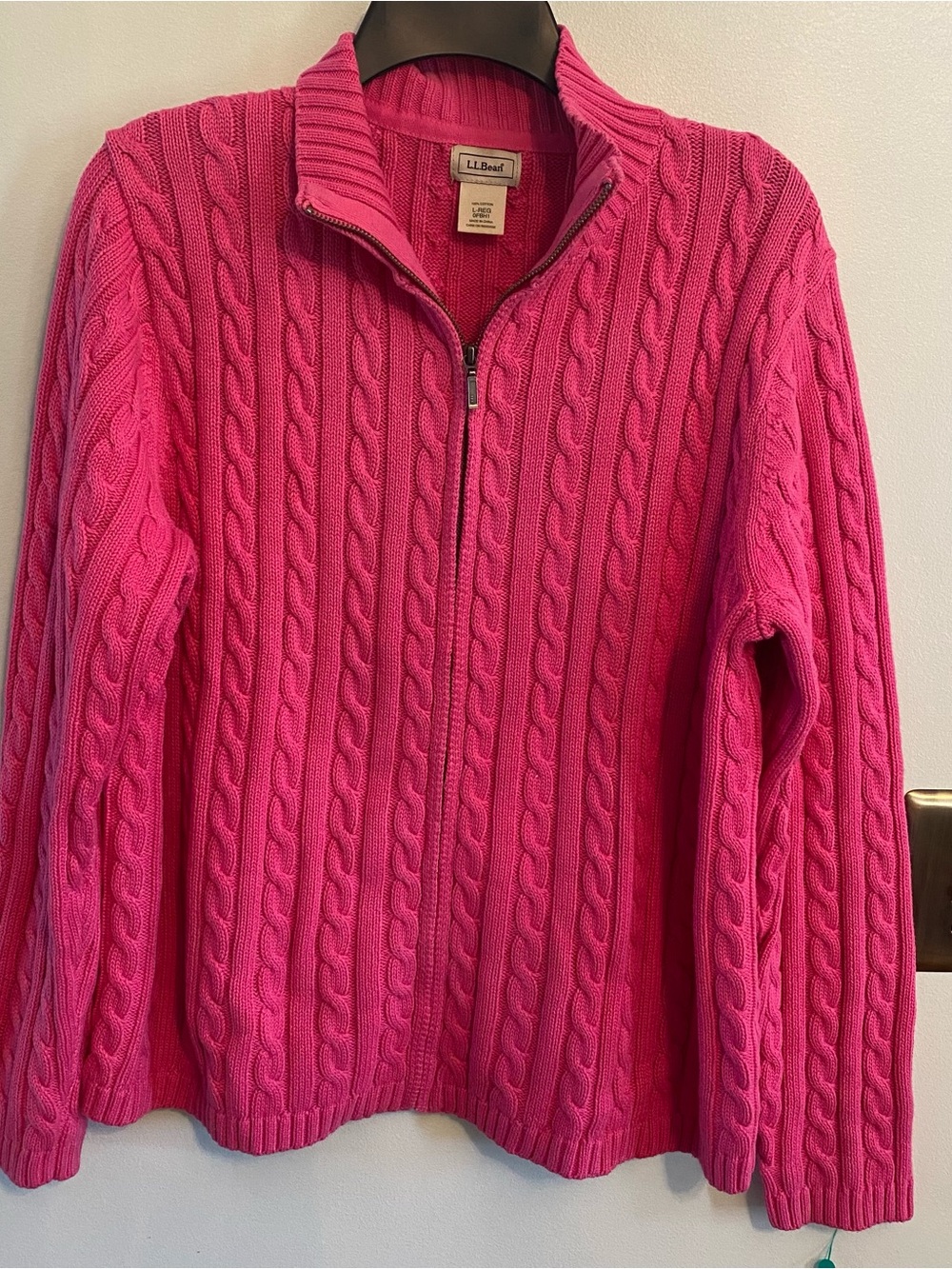 L.L. Bean vintage zip up cable knit sweater cardigan large pink